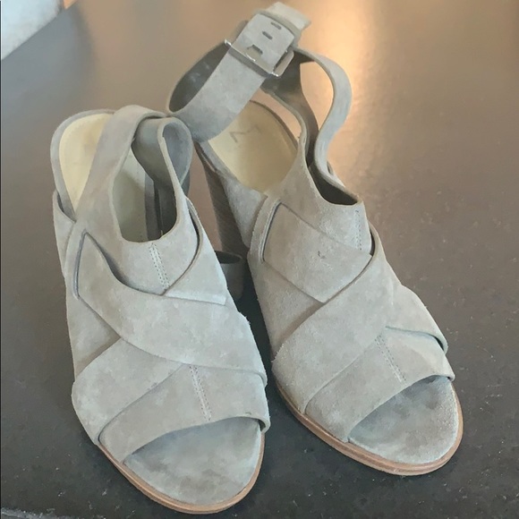 Taupe Suede Marc Fisher Stacked Heel Wrap Sandals - Picture 1 of 6